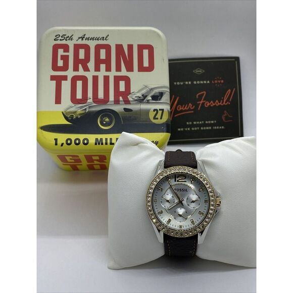 Fossil Riley ES3204 Women's Brown Leather Analog Silver Dial Quartz Watch UB62 - Picture 1 of 12